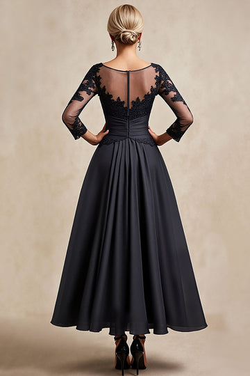 Black Chiffon A Line 3/4 Sleeves Long Mother of the Bride Dress with Appliques